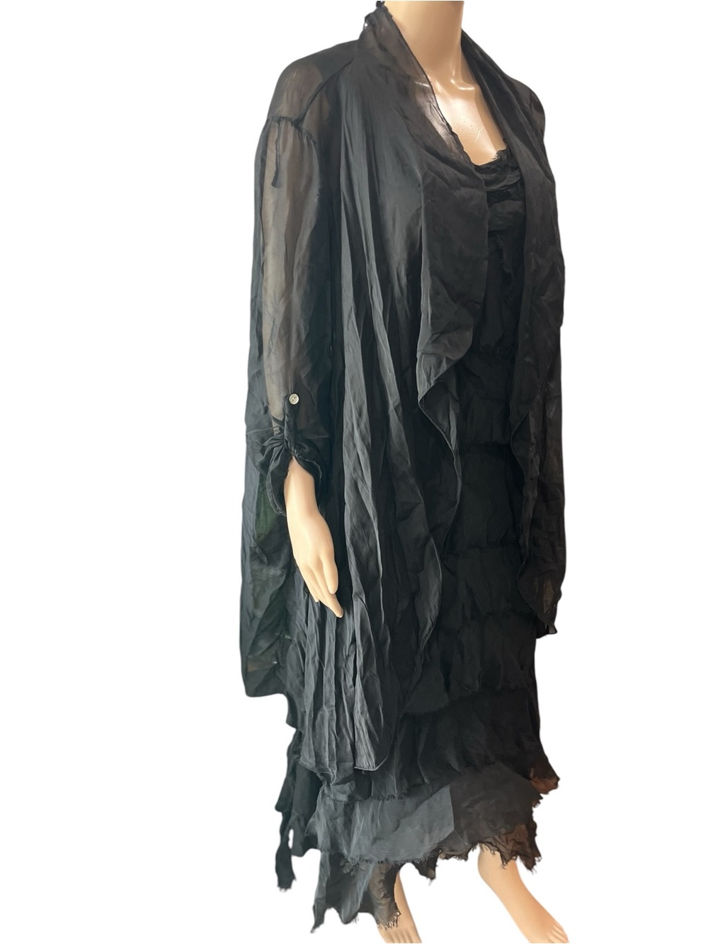 Gigi Moda Italy Siena Silk Tiered Ruffle Maxi Dress & Duster Set Black One Size - Picture 4 of 12